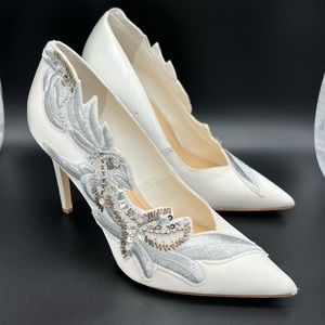 Gorgeous Silver Beaded and Creamy White Satin Heels - Size 8